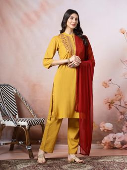 Nayam by lakshita - Women Mustard Straight Embroidered Kurta with Pant and Dupatta (Set of 3)