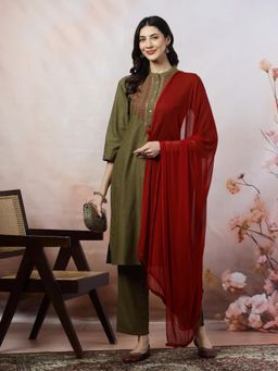 Nayam by lakshita - Women Olive Straight Embroidered Kurta with Pant and Dupatta (Set of 3)