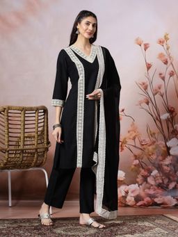 Nayam by lakshita - Women Black Straight Solid Kurta with Pant and Dupatta (Set of 3)