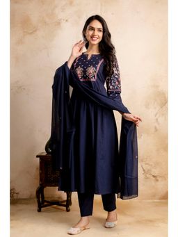 Roohaniyat - Women Blue Comfortable Embroidered Anarkali Kurta with Pant and Dupatta (Set of 3)