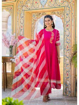 Roohaniyat - Women Pink Comfortable Embroidered Anarkali Kurta with Pant and Dupatta (Set of 3)