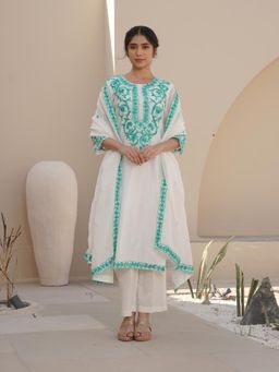 ONEWE INDIA - Women White Straight Embroidered Kurta with Pant and Dupatta (Set of 3)