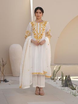 ONEWE INDIA - Women White Straight Embroidered Kurta with Pant and Dupatta (Set of 3)