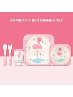 Polka Tots - Eco Friendly 5 Pc Bamboo Fiber Dinner Set For Toddler (Flamingo)