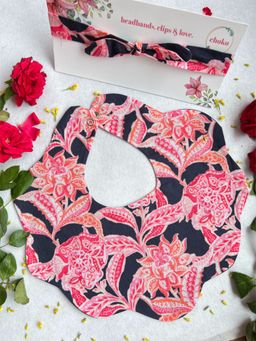 Choko - Tranquil Sky Garden Bib & Headband Set for Baby Girls (0-36 Months) - Red Floral, Waterproof