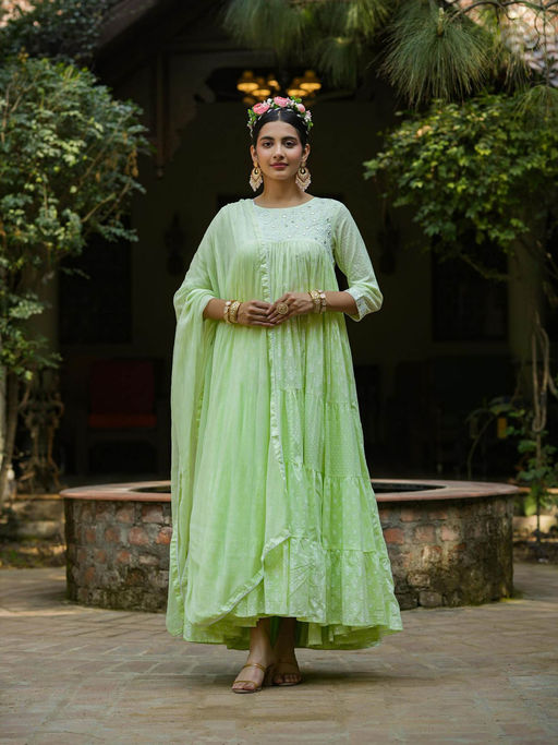 Buy Scakhi Green Mul Cotton Printed Tiered Ethnic Dress With Chiffon  Dupatta (Set of 2) Online