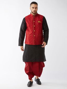 Vastramay - Mens Black & Maroon Silk Blend Jacket, Kurta with Dhoti (Set of 3)