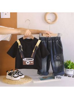 Googo Gaaga - Kids Boys Cotton Camera Print Black Half Sleeve T-Shirt With Denim Jeans
