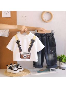Googo Gaaga - Kids Boys Cotton Camera Print White Half Sleeve T-Shirt With Denim Jeans