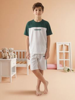 Lil Tomatoes - Green Boys Cotton Half Sleeve Color Block T-Shirt With Shorts