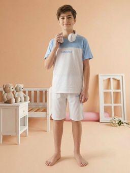 Lil Tomatoes - Blue Boys Cotton Half Sleeve Color Block T-Shirt With Shorts