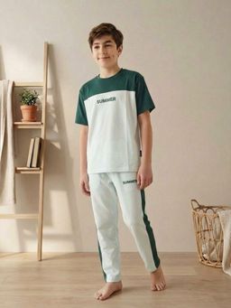 Lil Tomatoes - Green Boys Cotton Half Sleeve Color Block T-Shirt With Pyjama