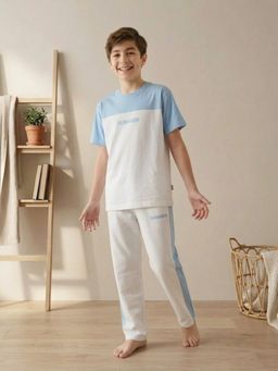Lil Tomatoes - Blue Boys Cotton Half Sleeve Color Block T-Shirt With Pyjama