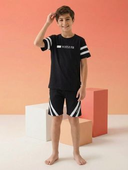 Lil Tomatoes - Black Boys Cotton Half Sleeve Striped T-Shirt With Shorts