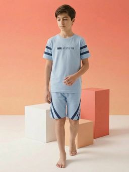 Lil Tomatoes - Blue Boys Cotton Half Sleeve Striped T-Shirt With Shorts