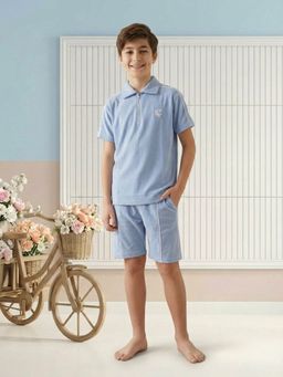 Lil Tomatoes - Blue Boys Cotton Half Sleeve Solid Polo T-Shirt With Shorts
