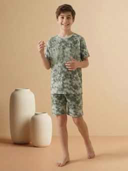 Lil Tomatoes - Olive Boys Cotton Half Sleeve Tie-Dye Printed T-Shirt With Shorts