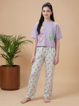 Lil Tomatoes - Purple Girls Cotton Half Sleeve Printed T-Shirt With Pyjama