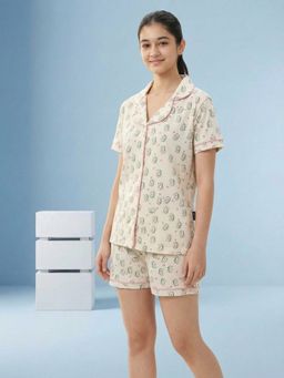 Lil Tomatoes - Cream Girls Cotton Half Sleeve Printed Shirt With Shorts