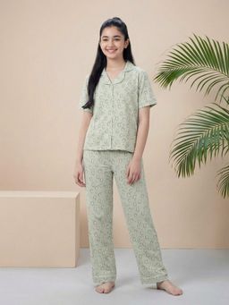 Lil Tomatoes - Green Girls Cotton Half Sleeve Printed Shirt With Pyjama