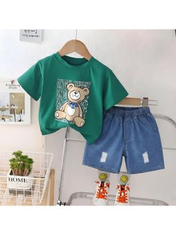 Googo Gaaga - Kids Boys Cotton Green Teddy Print T-Shirt with Denim Shorts