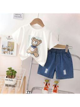 Googo Gaaga - Kids Boys White Teddy Print T-Shirt with Denim Shorts