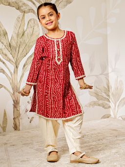 Vastramay - Girls Traditional Red Bandhani Kurta With Salwar