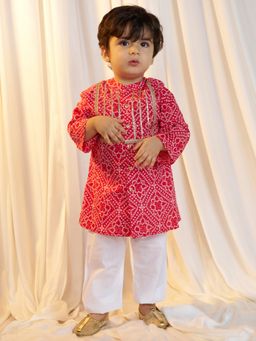 Vastramay - Boys Red Cotton Bandhani Kurta With Pyjama