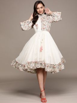 ISHIN - Womens Cream Lurex Waisted Dress (Set of 2)