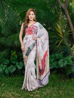 Beatitude - Grey Red Silk Blend Saree with Unstitched Blouse