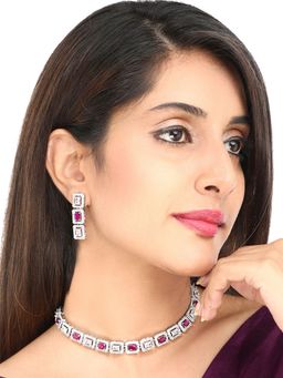 Yellow Chimes - Sliver-Plated Pink Ad-Studded Handcrafted Jewellery (Set of 2)