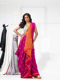 Angoshobha - Rani Pink Cotton Blended Festive Jamdani Saree with Unstitched Blouse