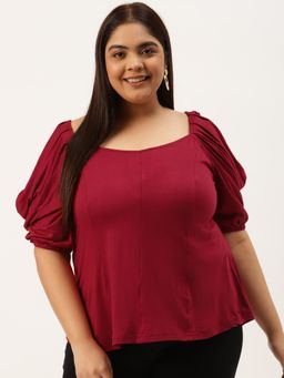 theRebelinme - Plus Size Womens Maroon Knitted Panelled Top