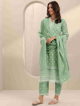 Libas - Green Floral Kurta with Pant and Dupatta (Set of 2)