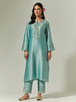Anantaa by Roohi Trehan - Blue Silk Chanderi Hand Embroidered Kurta