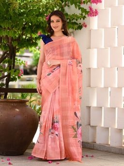 Beatitude - Peach Floral Printed Saree with Unstitched Blouse