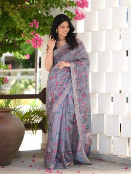 Beatitude - Grey Woven Cotton Saree with Unstitched Blouse