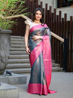 Beatitude - Blue Kanjivaram Saree with Unstitched Blouse