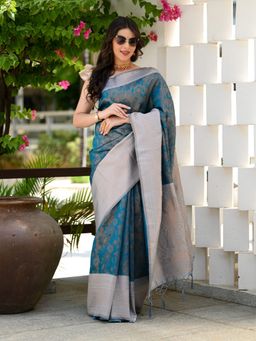 Beatitude - Blue Kanjivaram Saree with Unstitched Blouse