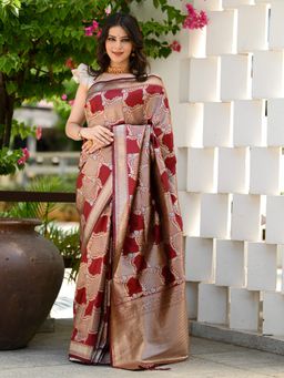 Beatitude - Maroon Banarasi Saree with Unstitched Blouse