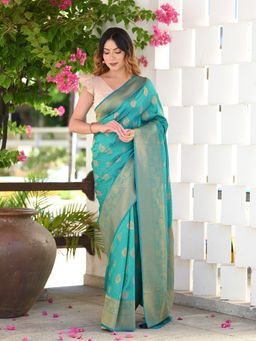 Beatitude - Blue Kanjivaram Saree with Unstitched Blouse