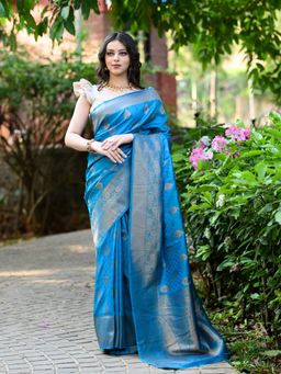 Beatitude - Blue Kanjivaram Saree with Unstitched Blouse
