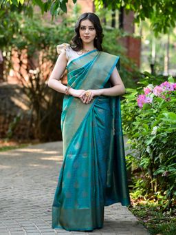 Beatitude - Blue Kanjivaram Saree with Unstitched Blouse