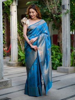 Beatitude - Blue Kanjivaram Saree with Unstitched Blouse