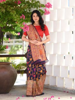 Beatitude - Navy Blue Kashmiri Modal Silk Saree with Unstitched Blouse