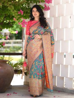 Beatitude - Blue Kashmiri Modal Silk Saree with Unstitched Blouse