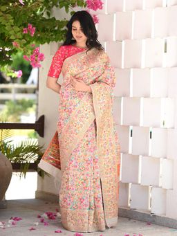 Beatitude - Off White Kashmiri Modal Silk Saree with Unstitched Blouse