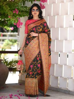 Beatitude - Black Kashmiri Modal Silk Saree with Unstitched Blouse