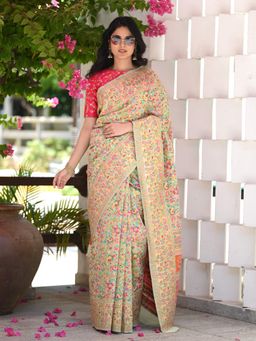 Beatitude - Green Kashmiri Modal Silk Saree with Unstitched Blouse
