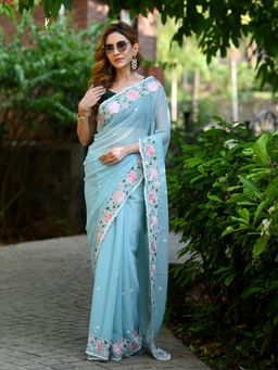 Beatitude - Blue Cut Work Printed Saree with Unstitched Blouse